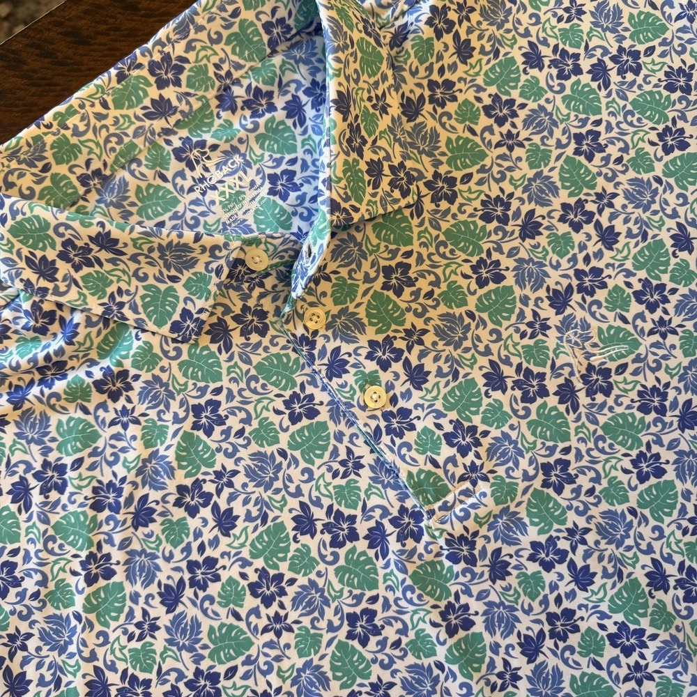 Rhoback Polo Shirt Mens 3XL Blue Green Floral Golf Performance Stretch Jersey